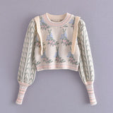 Winter Front Wood ears Ruffles Jacquard Cropped Sweater Vintage O neck Puff Sleeve Pullovers Short Jumper Knitwear-Outfit