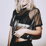 Summer Sexy Mesh Tee See-Through Women T-shirts Short Sleeve Perspective Shine Casual Women Tops Lady Vintage