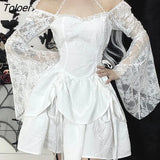 Gothic y2k Dresses for Women 2023 Fashion Lace Halterneck Long Sleeve A-Line Dress Black White Punk Birthday Party