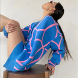 Free Shipping Women's Casual Oversized Cardigan Knitted 2022 Fall New V-Neck Lantern Long Sleeve Single-Breasted Printed