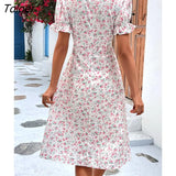 Floral Print Midi Dress Women Casual Lace Stitching V Neck Puff Sleeve Beach Dress Fashion White New In Dresses