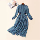 Summer Print Dress For Women Stand Collar Long Sleeve High Waist Hollow Out Midi Dresses Female Fashion 2022