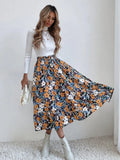 Printed Modest High Waist Elastic Waist Print Midi A-Line