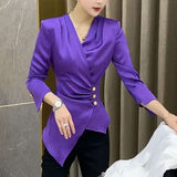 Waist Commute Folds Shirt Spring Autumn V-Neck Women's Clothing Basic Single-breasted Slim Fashion Asymmetrical