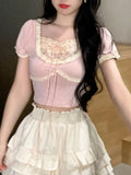 Lace Sweet Tops Women Designer Patchwork Ruffle Cute Tops Female Korean Fashion Strappy Bow Skinny Kawaii Party Tops
