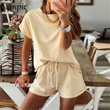 Summer Casual O Neck Outfits Women Two Piece Set Short Sleeve Crop Top Shirt And Loose Shorts Home Wear Women Sets