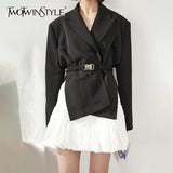 Black Side Split Korean Blazer For Women Notched Long Sleeve Straight Sashes Slim Blazers Female New Spring
