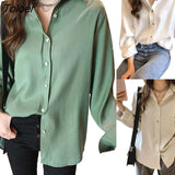Size M-4XL Women Solid Color Long Sleeve Turndown Collar Button up Loose Female Top Shirt Blouse Basic T