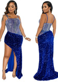 Sexy Sequins Straps Backless Irregular Slit Long