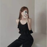 Version Of Summer Sling Suit Vertical Collar Lace Pleated Blouse Tea Is A Complete Set Of Elastic Wide-Leg Trousers-Outfit
