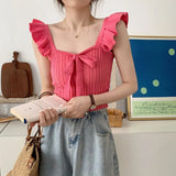 Care Machine Sling Women's Summer New Vest Solid Color Bow Tie With Short Lotus Leaf Tops