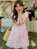 Sweet Elegant Dress Women French Evening Party Mini Dresses Kawaii Lace V-neck Puff Sleeve Korean Fashion Dress Summer