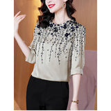 Imitation Silk Shirt Women's Short-Sleeved High-End Printing 2023 Summer New Large-Size Loose Blouse-Outfit
