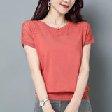 Summer Women's Pullover Round Neck Hollow Solid Short Sleeve Tee T-shirt Fashion Casual Elegant Holiday Office Lady Tops-Outfit