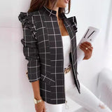 Explosion Autumn And Winter Lotus Leaf Side Long Sleeve Zipper Print Suit Small Coat