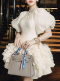 Elegant Summer Dress For Women Round Neck Puff Sleeve High Waist Ruched Mini Dresses Female Fashion Clothing
