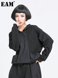 Women Black Pocket Split Joint Drawstring Big Size T-shirt New Hooded Long Sleeve Fashion Tide Spring Autumn 2023