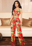 Printed Strap Crop Top and High Waist Wide Pants Two Piece