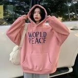 QWEEK 2021 Spring Autumn Oversized Letter Print Hoodies Women Plus Velvet Korean Style Streetwear Harajuku Hooded