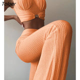 Summer Chic Women Fashion Elegant Casual Low Cut Sexy Solid Top 2 PCS Ruched Crop Top & High Waist Long Pants