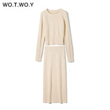 WOTWOY Knitting Cashmere Pullover and Skirt Two Piece Set Women Slim Fit Cropped Tops Women Autumn Elegant Sweater Outfits