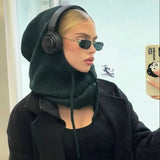 Women Y2K Retro Goth Hooded Scarf Hats Solid Color Knitted Pullover Drawstring Balaclava Winter Warm Hat Beanie Cap-Outfit
