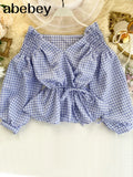 Plaid V Neck Blouses 2022 Fashion Korean Off Shoulder Bandage Blouse Cute Feminine Elegant Puff Sleeve Ruffle Top
