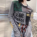 Letter Printed Pullovers Streetwear Spring Autumn Round Neck Women's Clothing Long Sleeve Casual Spliced Slim T-shirt-Outfit