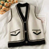 Korean V Neck Short Sweater Vest Women Vintage Button Up Knitted Waistcoat Elegant Mink Fleece Sleeveless Cardigan