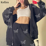 2022 Long Sleeve Goth Zip Up Butterfly Diamond Hoodies Women Autumn Winter Street Harajuku Hooded Jacket
