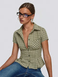 Cloth Forget British Wind Wood Ear V-Neck Check Shirt Temperament Waist Button Bubble Sleeve