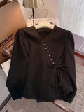 Oblique Button V-Neck Sweater Girls 2024 Spring New Design Super Good-Looking Loose Rope Knitted Cardigan-Outfit