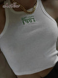 Casual Knit Preppy Girl Tank Top Letter Embroidery Fashion Sport White Crop Top Sleeveless O Neck Fitness