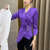 Waist Commute Folds Shirt Spring Autumn V-Neck Women's Clothing Basic Single-breasted Slim Fashion Asymmetrical