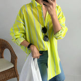 Fashion Casual Striped Shirt For Women Lapel Long Loose Colorblock Blouses Female Spring Clothing New 2022