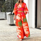 2023Womens Autumn Multicolor Printing Temperament Commuting High Waist Sexy Lace Up Fashion Casual Set Femme Sexy Disfraz