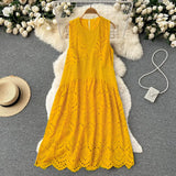 2022 Summer New Lace Embroidery Dress Women Sleevelesss Dresses Female Vintage Party Beach Maxi Long