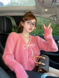 V-Neck Bow-Tie Sweater Autumn And Winter 2024 New Bottom Sweater Temperament Knitted Cardigan Solid Color Blouse-Outfit