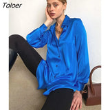 Office Satin Women's Shirt Polo Collar Elegant Shirts Women Blouse 2022 Spring Summer Irregular Hem Long Sleeve Top