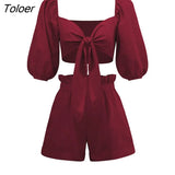 Cotton Linen 2 Pieces Women's Suits V-Neck Cross Lace Up Lantern Sleeve Crop Top Summer Outifit Elastic Waist Shorts