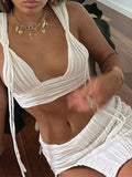 2022 Jacquard Knitted Slit Mini Skirts Crop Top White Y2K Outfits for Women Sexy Beach Vacation Summer Two Piece