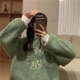 QWEEK 2021 Autumn Lamb Wool Letter Oversized Hoodies Warm Korean Style Casual Harajuku Long Sleeve Pillove Sweatshirt