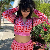 Y2K Pink Print Sweet Kawaii Women Crop Top Hoodies Long Sleeve Fashion Grunge Skinny Female Sweatshirt
