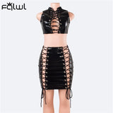 Fall Hollow Out Bandage Black PU Faux Leather Dress Suits Sexy 2 Two Piece Sets Womens Mini Skirts Sleeveless Crop
