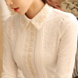 Plus Size Women Fashion Womens Tops and Blouses White Lace Flower Blouse Shirt Long Sleeve Women Shirts Blouse 812B