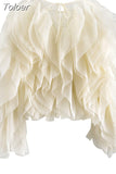 Elegant Patchwork Ruffle Chiffon Blouses Women O Neck Lantern Long Sleeve Loose Shirt Female Clothes Fashion Summer 2023