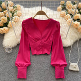 New Spring Shirts Women Elegant Vintage Solid Long Sleeves Slim Tops Fashion Button Sexy Streetwear Short