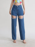 Toloer Jeans Female 2024 New Fashion Nail Drill Design Sense Hollow Out Wash Water Versatile Trousers Summer Pants-Outfit