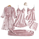 Large-Size Pyjamas Women's Ice Silk Sexy Hot Home Clothes Spring And Autumn Long-Sleeved Thin Bathrobe Five-Piece