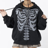 Skeleton Print Zip Up Loose Oversized Hoodie-Outfit